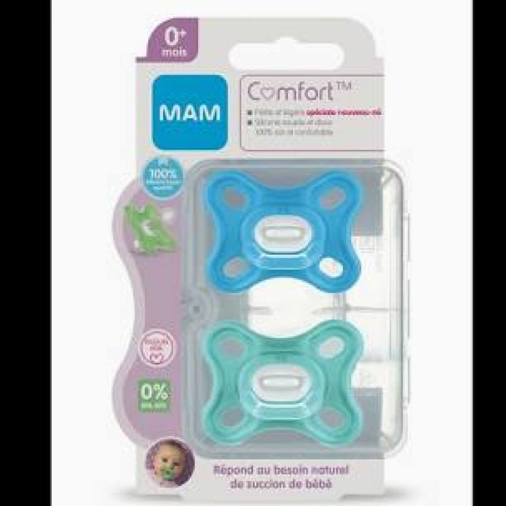 Une image pour le produit MAM Sucette Comfort 0-2 mois Bleu Stériliser x2