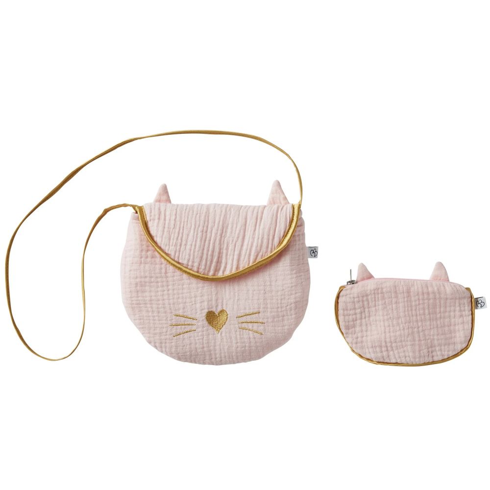 Une image pour le produit Sac Bandoulière + Porte-Monnaie Chat Gaze de Coton Rose