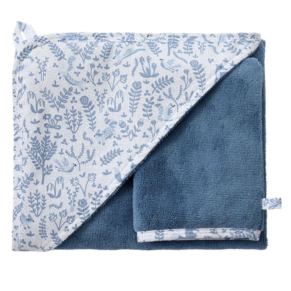 Une image pour le produit Cape de Bain Bambou  + Gant Imprimé Bleu forêt Enchanté