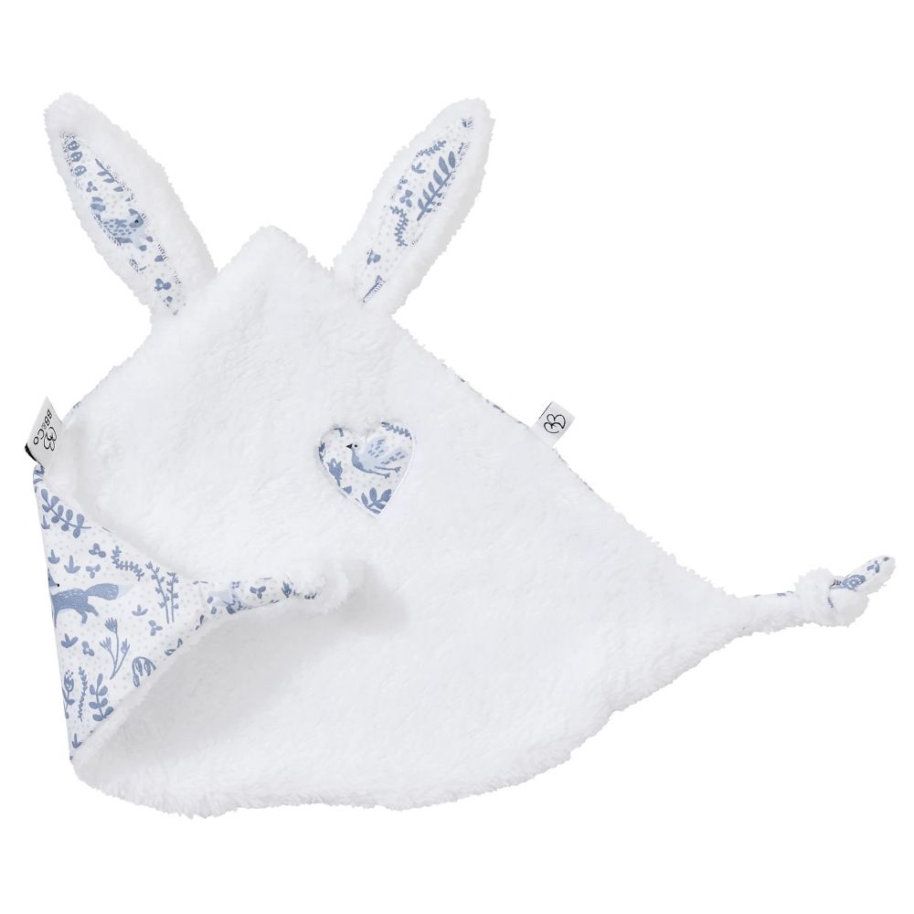 Une image pour le produit Doudou Lapin Petit Cœur Microfibre blanc  Imprimé Bleu Forêt Enchantée